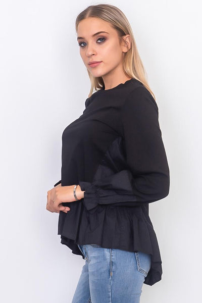 Contrast woven ruffle sleeve round neck top