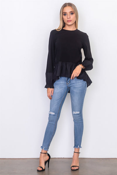Contrast woven ruffle sleeve round neck top